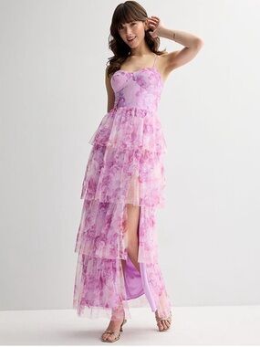 Spilling Tea Long Tier Printed Mesh Dress Lace Up Back Size 3